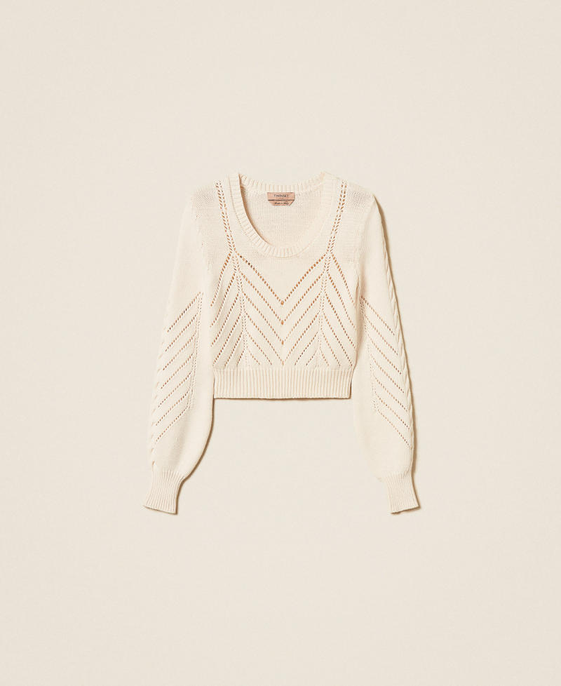 Cropped wool blend jumper with chevron design "Parchment" Beige Woman 262TP3192_07222_S0