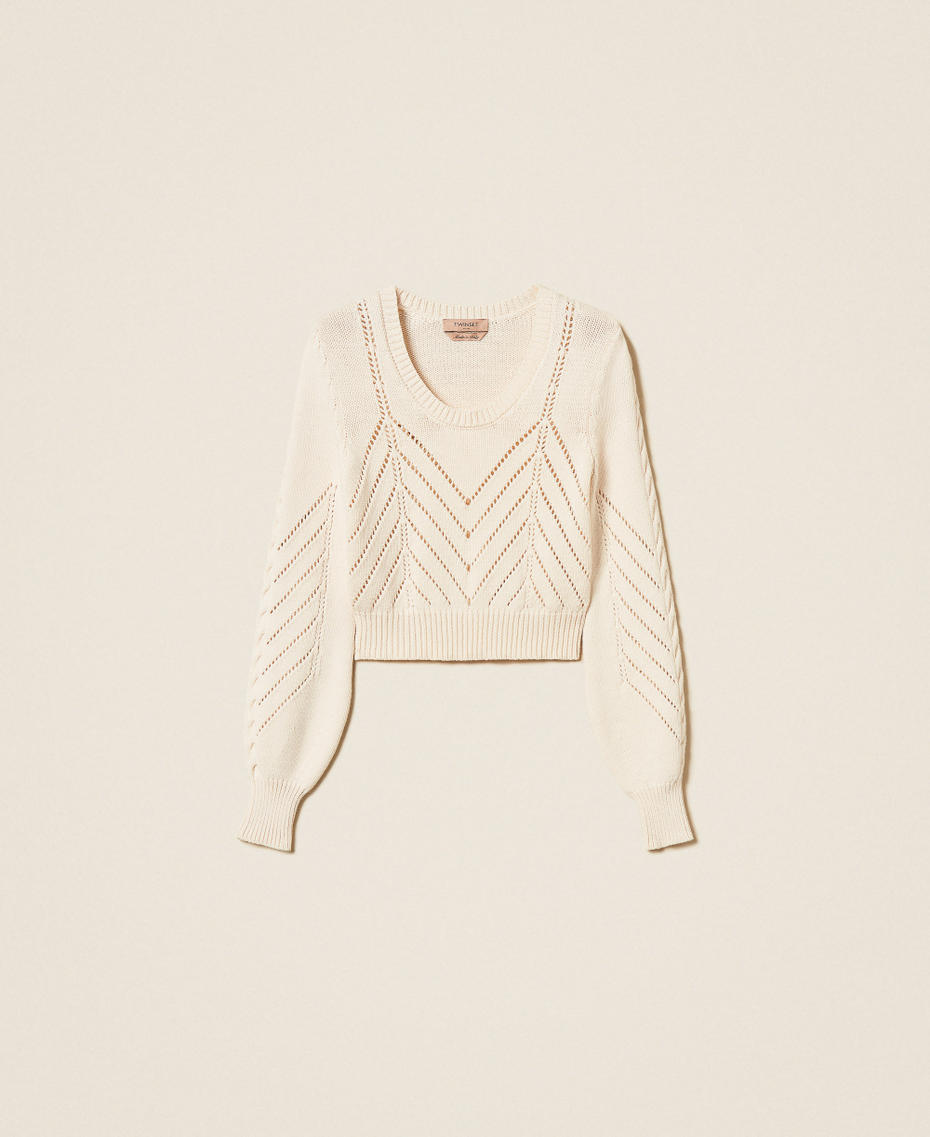 Cropped wool blend jumper with chevron design "Parchment" Beige Woman 262TP3192_07222_S0
