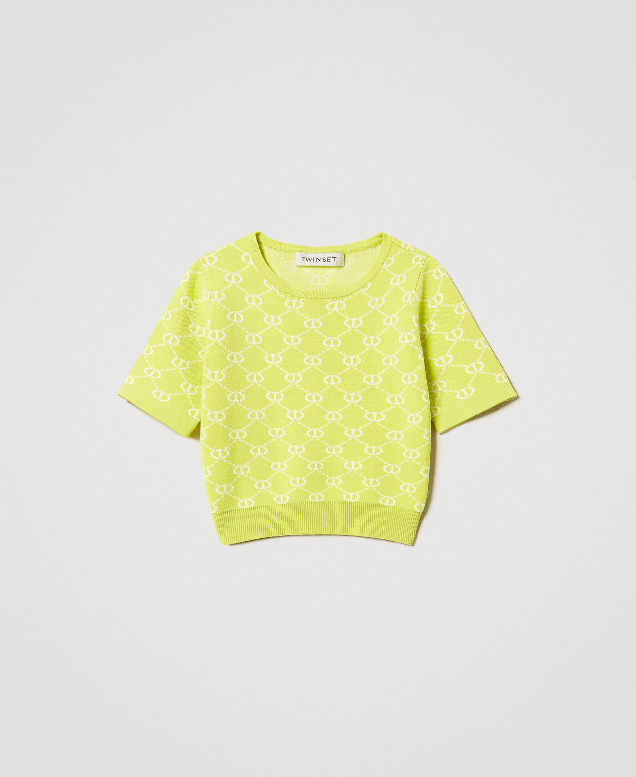 Crew neck jumper with Oval T jacquard Two-tone Yellow Plum/Ice Girl 251GJ3QX1_12190_0S