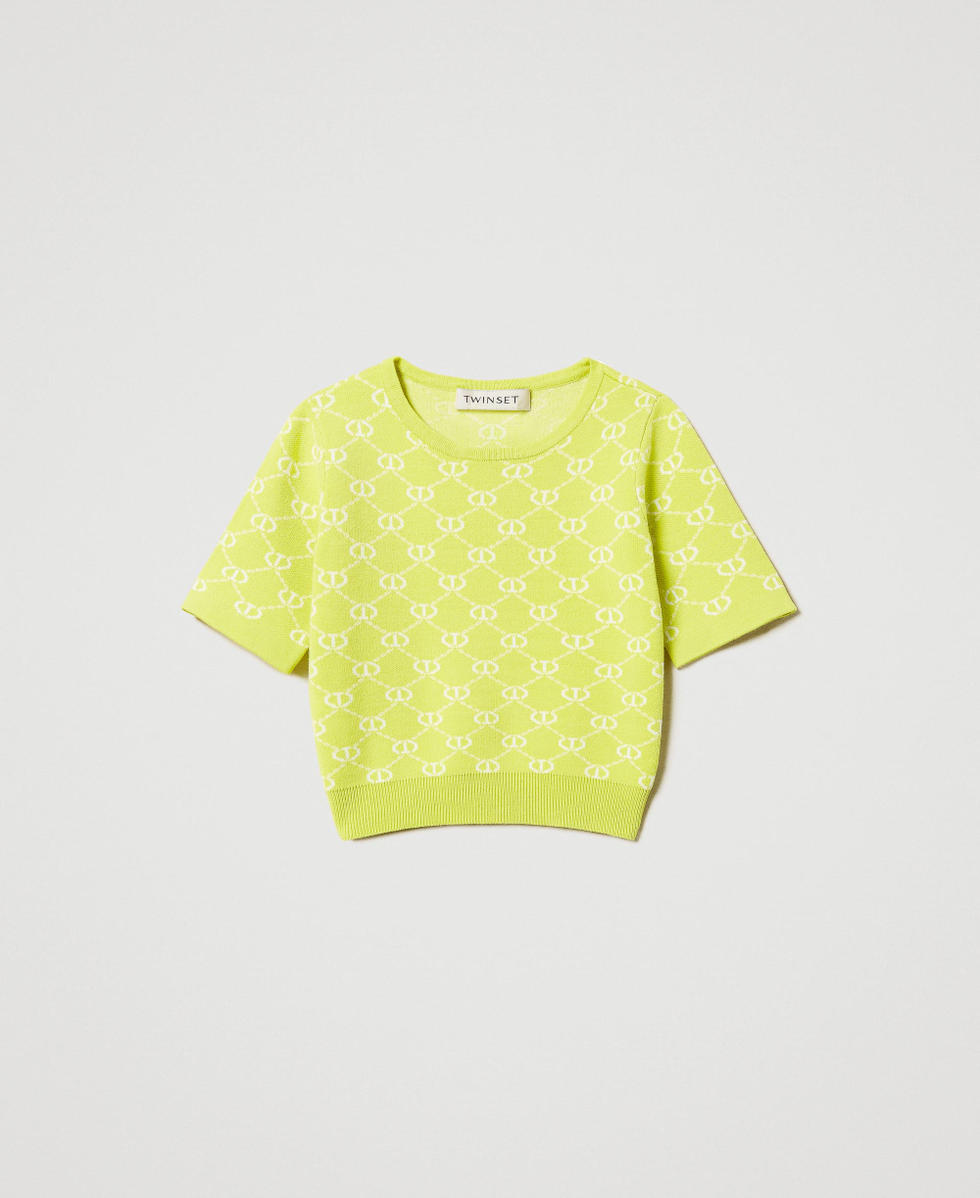Crew neck jumper with Oval T jacquard Two-tone Yellow Plum/Ice Girl 251GJ3QX1_12190_S0