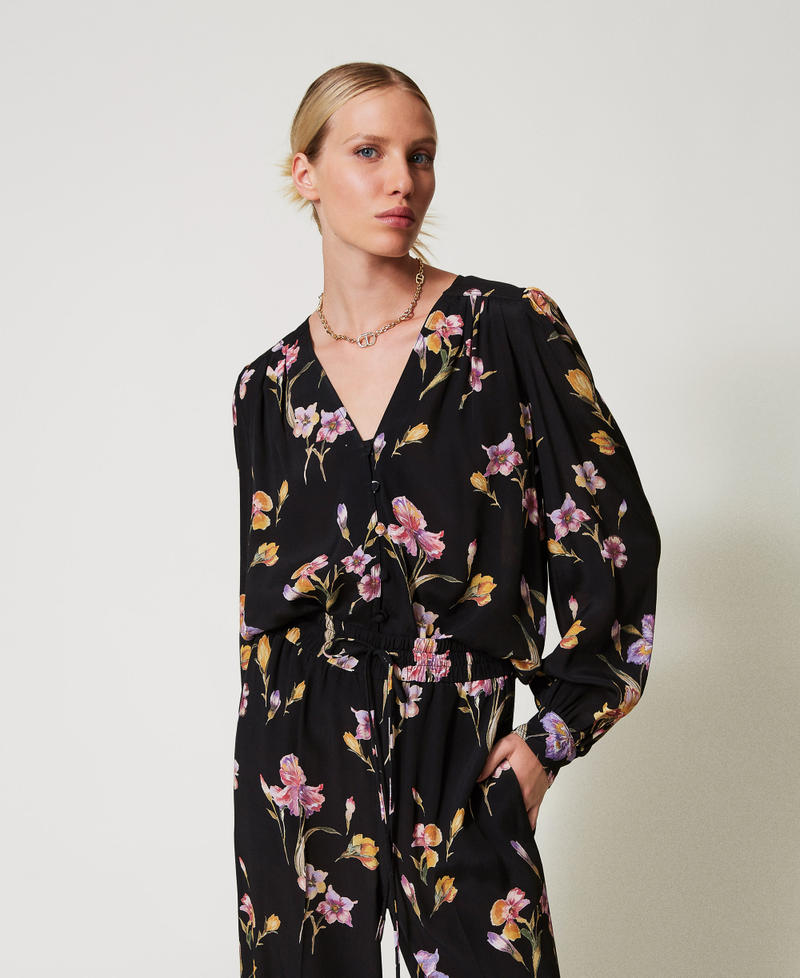 Camicia in cr&ecirc;pe de Chine a fiori Stampa Iris Multicolor / Black Donna 251TP2774_12328_05