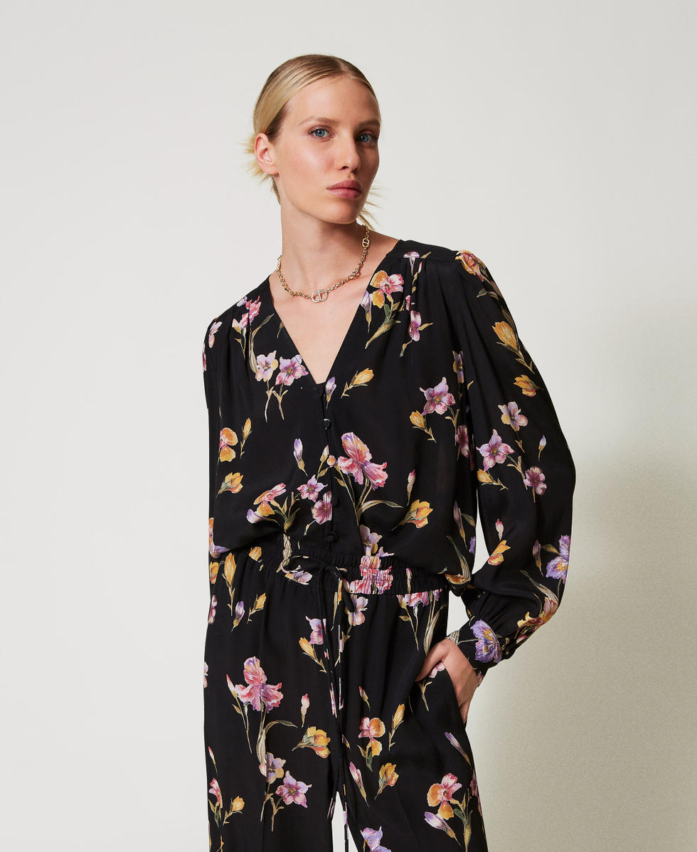 Cr&ecirc;pe de Chine floral shirt Multicolour/Black Iris Print Woman 251TP2774_12328_05
