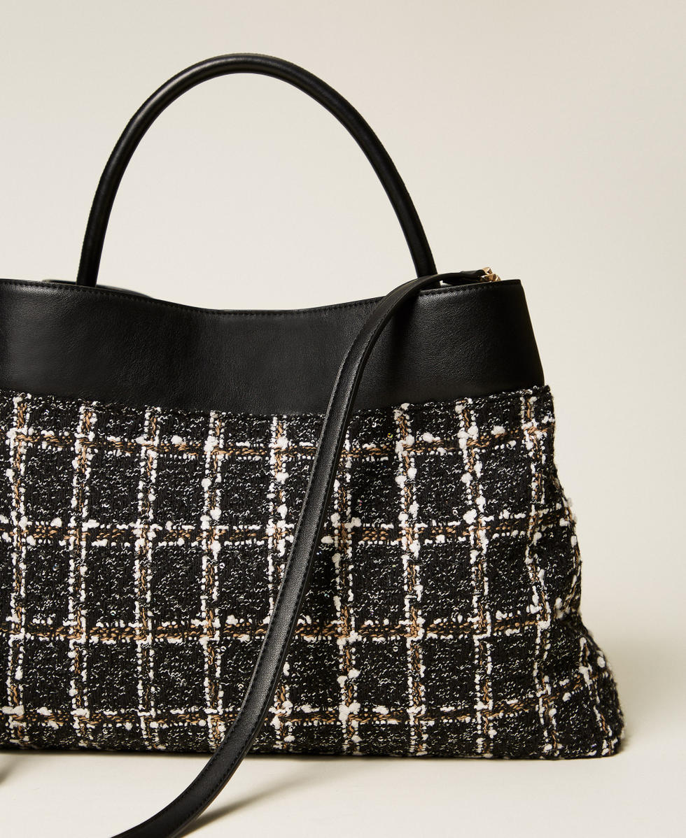Tweed shopper bag with Oval T lock Snow Jacquard / Black Woman 252TD8270_04253_03