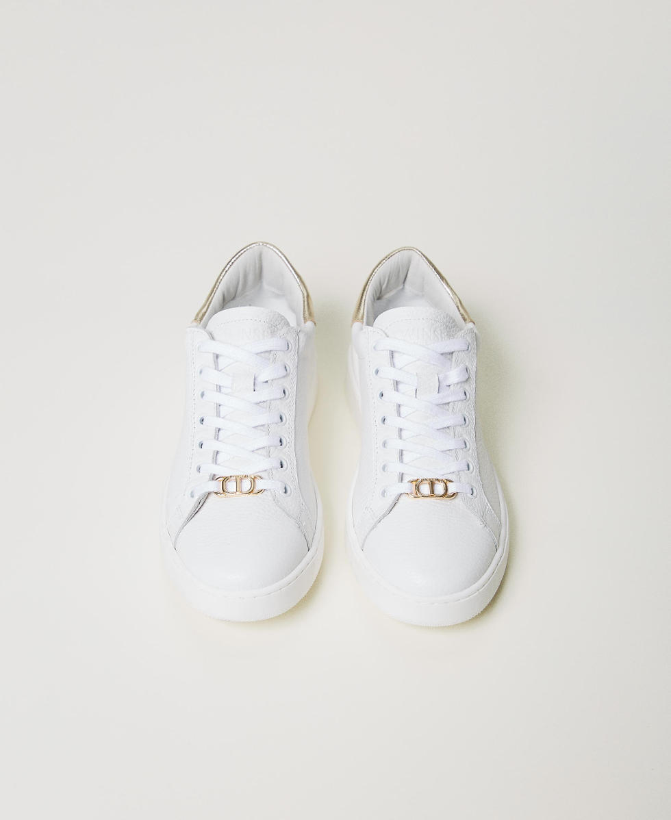Leather trainers with laminated detail Two-tone Optical White / Gold Woman 251TCP048_07049_04