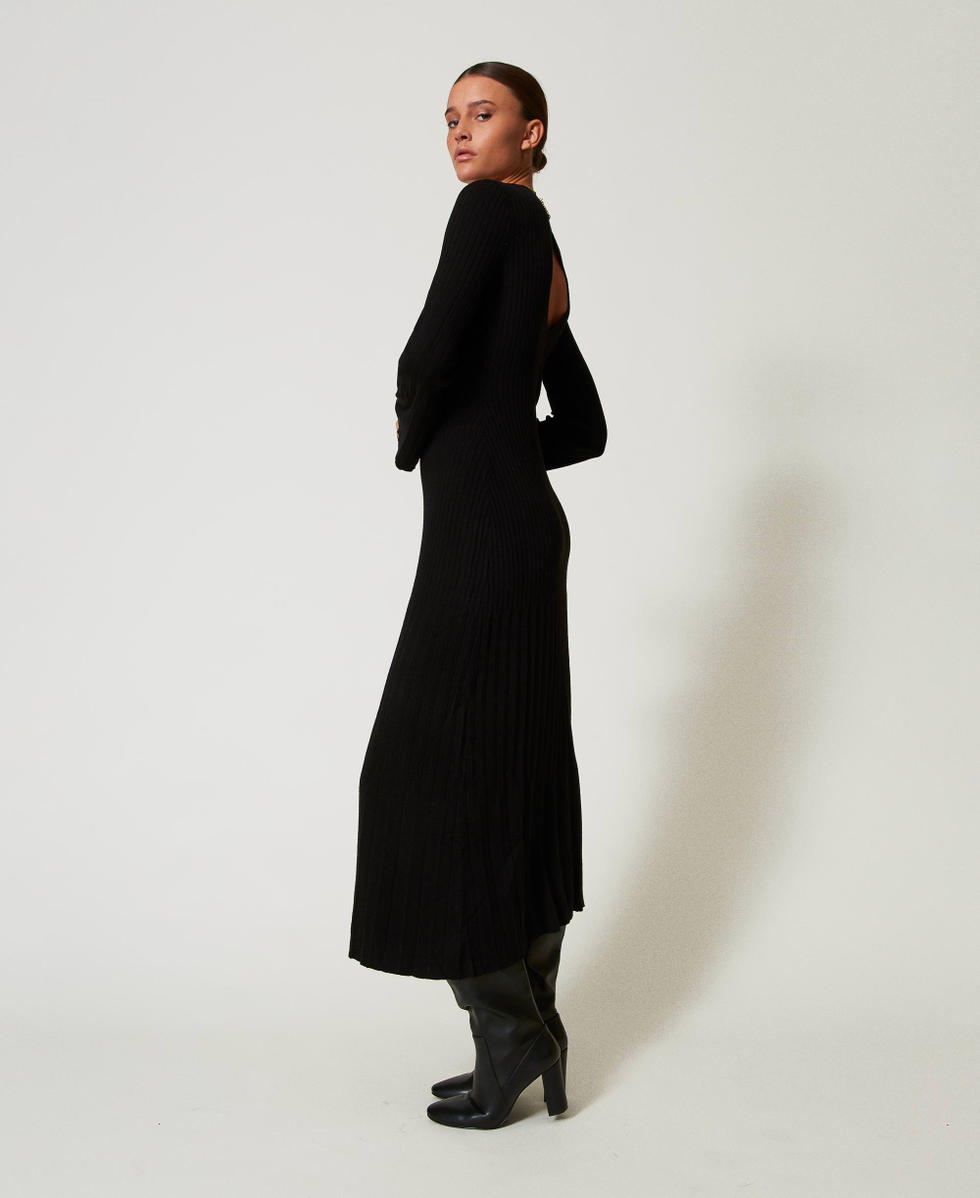 Long rib knit dress with cut-out Woman, Black | TWINSET Milano