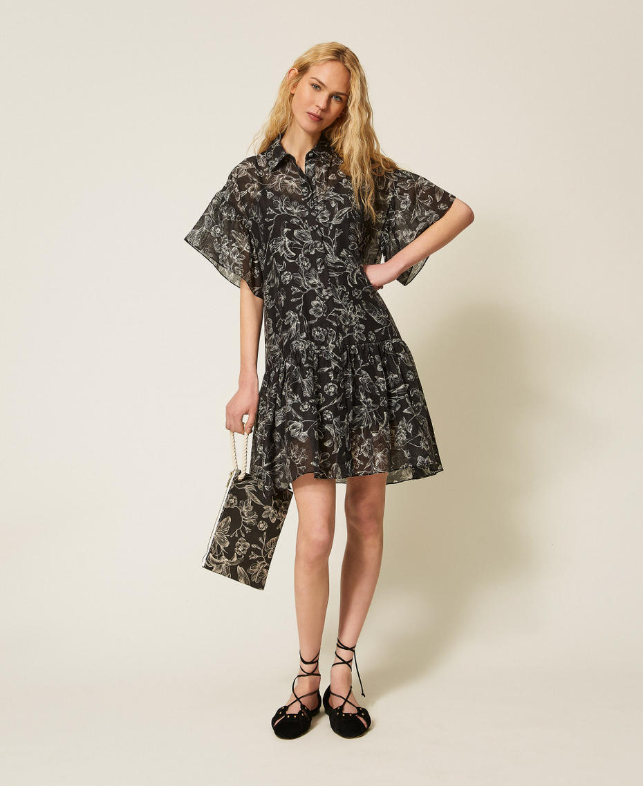 Robe courte chemisier florale Imprim&eacute; Toile de Jouy Noir/Blanc &laquo;&nbsp;Vanille&nbsp;&raquo; Femme 261LM2SGG_13466_01