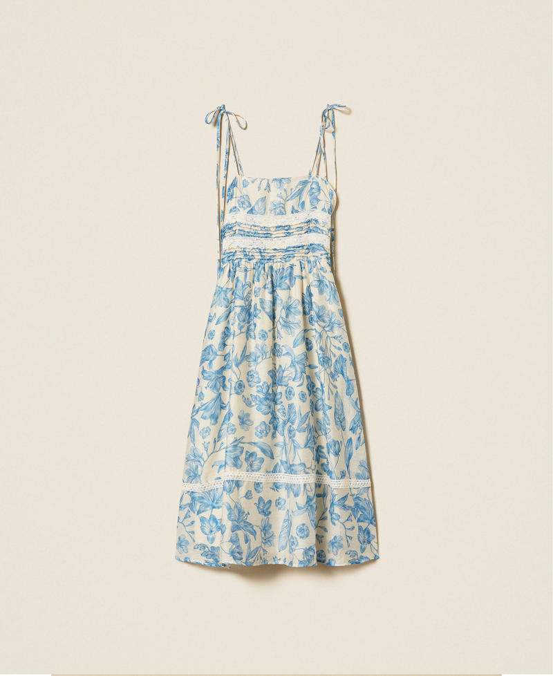 Short floral dress with lace Off White/Med Blue Toile De Jouy Print Woman 261LM2SCC_13465_S0