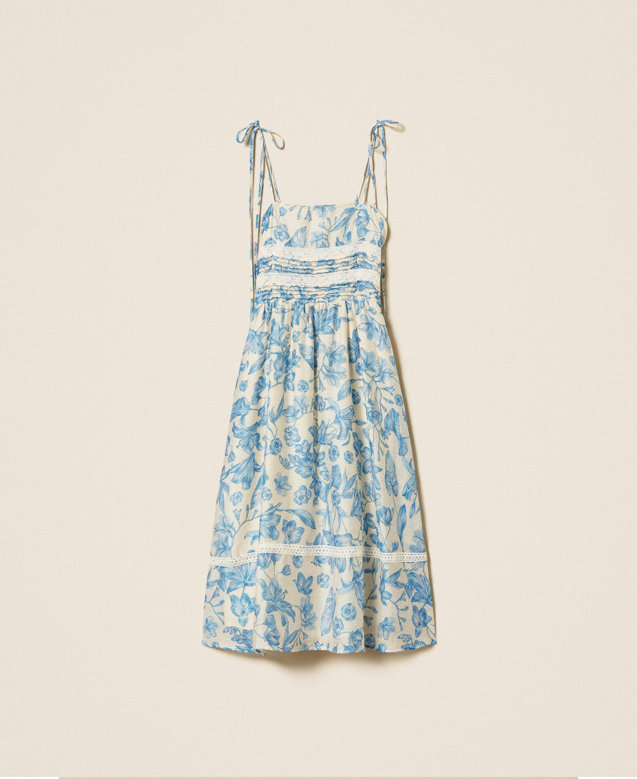 Short floral dress with lace Off White/Med Blue Toile De Jouy Print Woman 261LM2SCC_13465_S0
