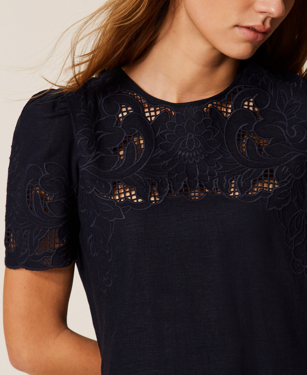 Robe courte en lin m&eacute;lang&eacute; avec broderie Bleu Nuit Femme 261TP2310_13172_04