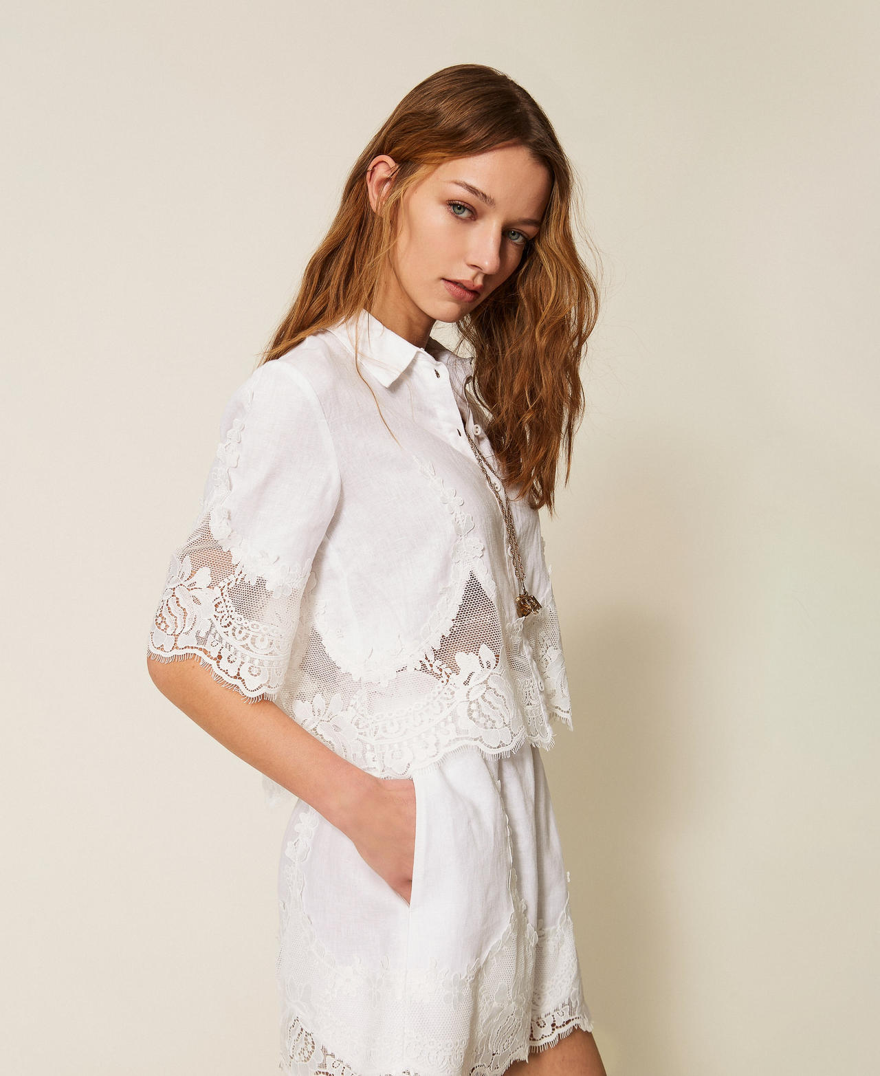 Camicia in lino con pizzo Bianco Donna 261TT2181_00001_02