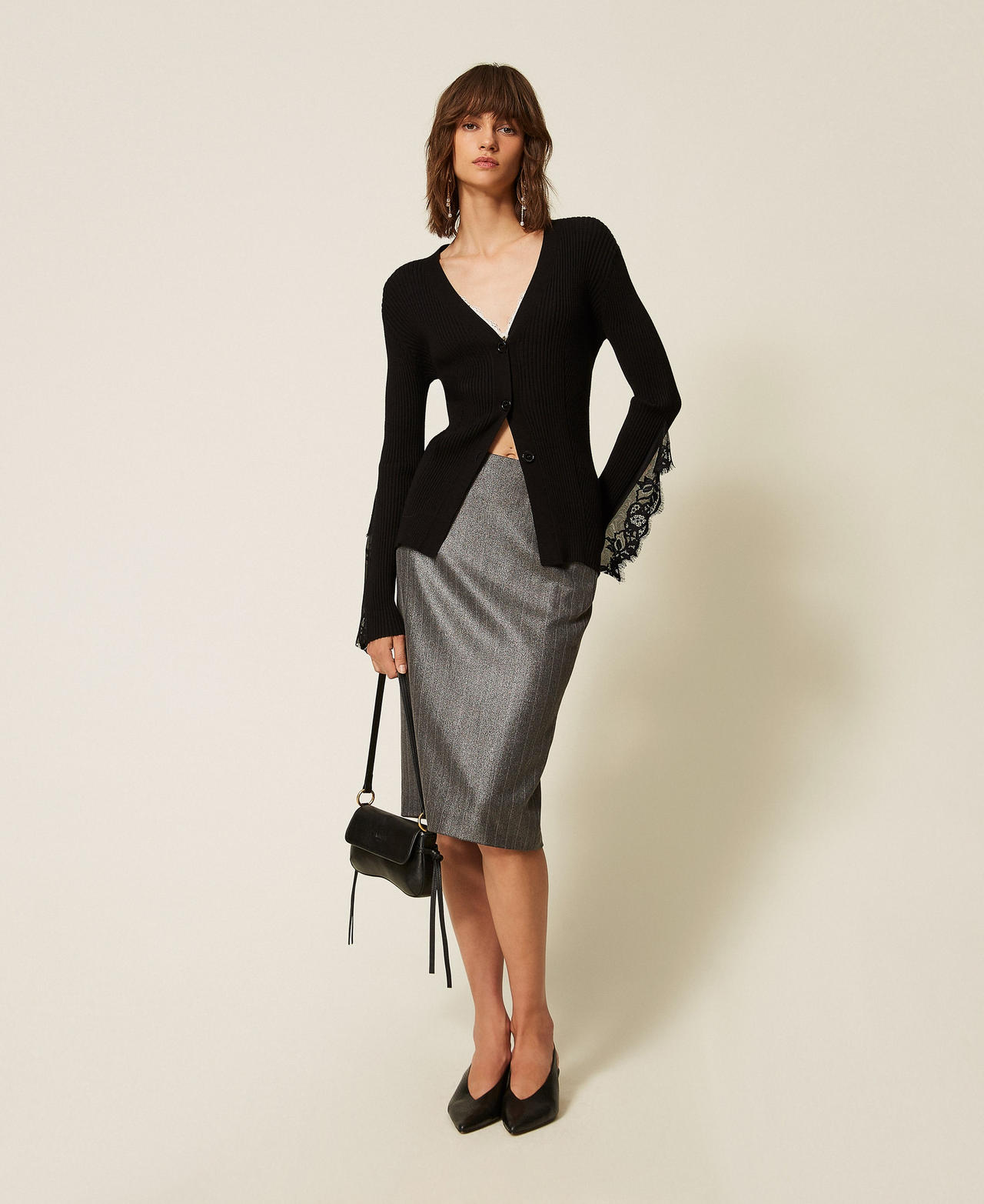 Pinstriped midi skirt Coated Anthracite Woman 262AP2434_13684_01
