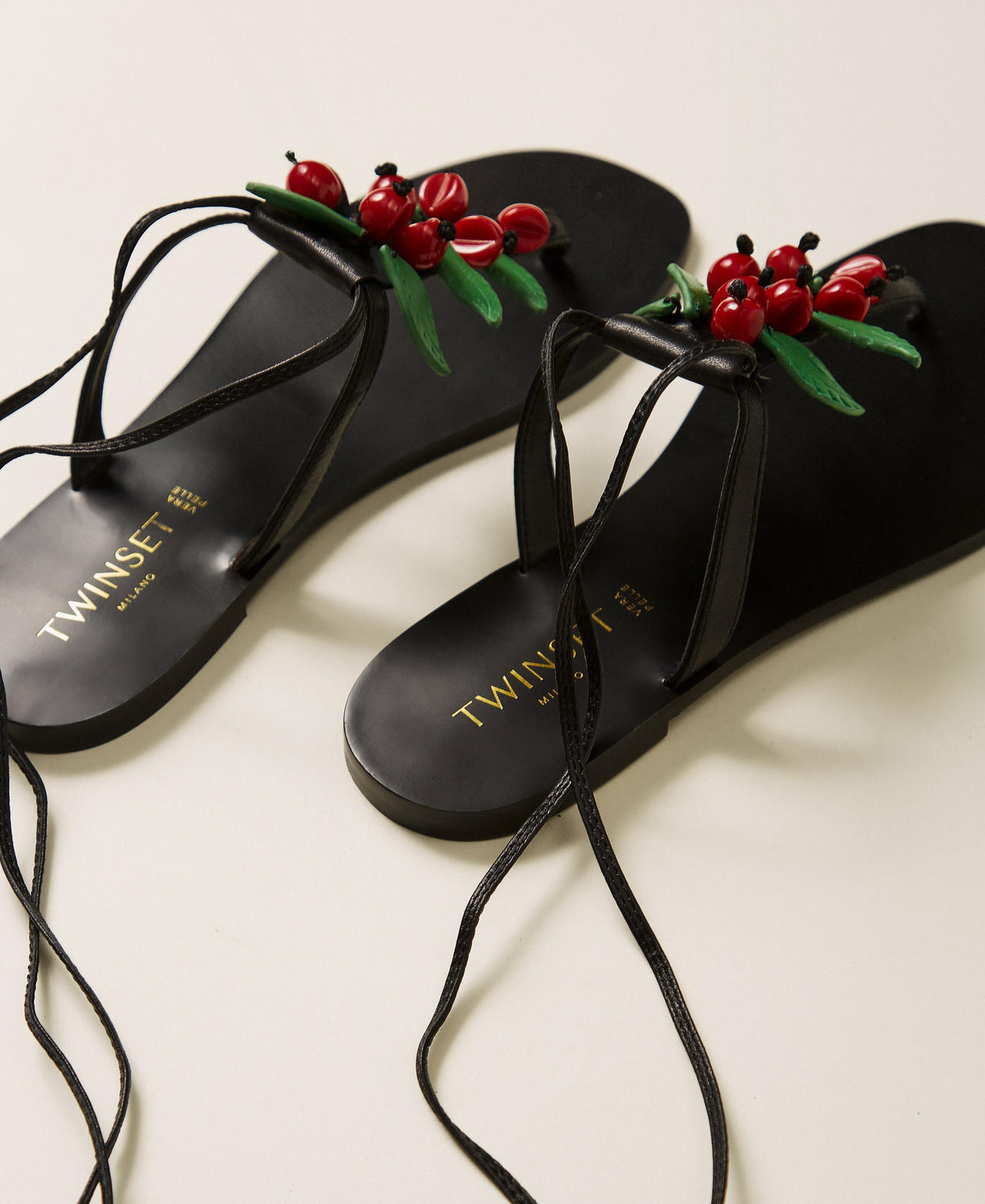Leather thong sandals with cherries Black Woman 261TGT100_00006_03
