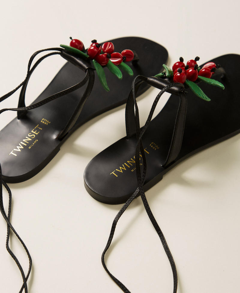 Leather thong sandals with cherries Black Woman 261TGT100_00006_03