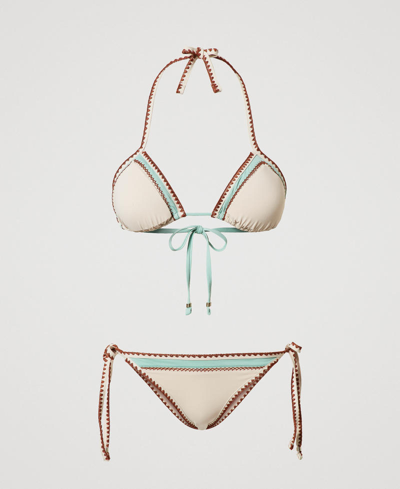 Triangle bikini top and thong set with embroidery Multicolour Almond Beige/Green Marine/Amber Brown Woman 251LMMU22_12390_S0