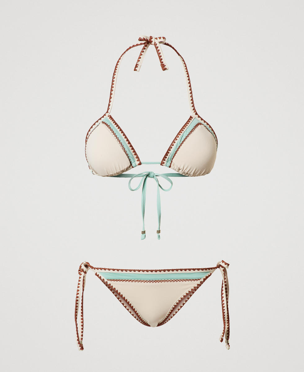 Sujetador de bikini de tri&aacute;ngulo y tanga con bordado Multicolor Almond Beige / Green Marine / Amber Brown Mujer 251LMMU22_12390_S0