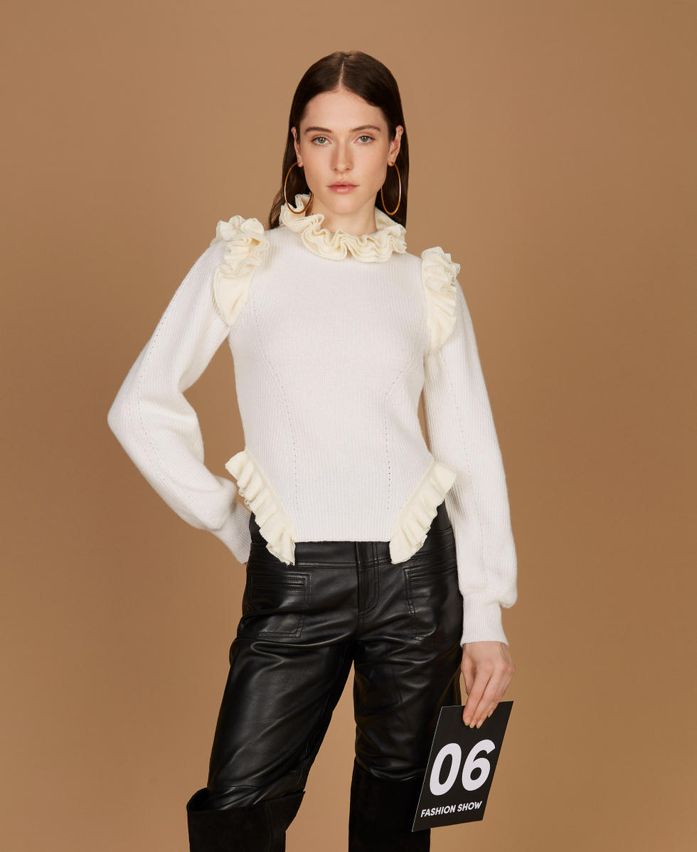 Wool blend fitted jumper with ruffles