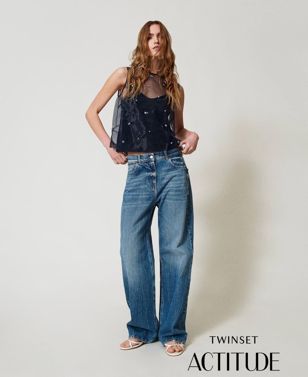 Organza top with hand embroidery Deep Blue Woman 251AP2512_03585_PA