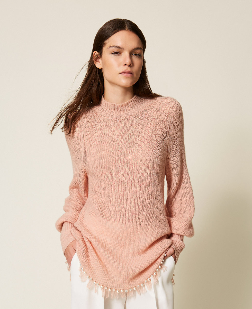 Jersey de cuello alto con flecos y cuentas Pink Dust Mujer 252LL3CBB_12536_02