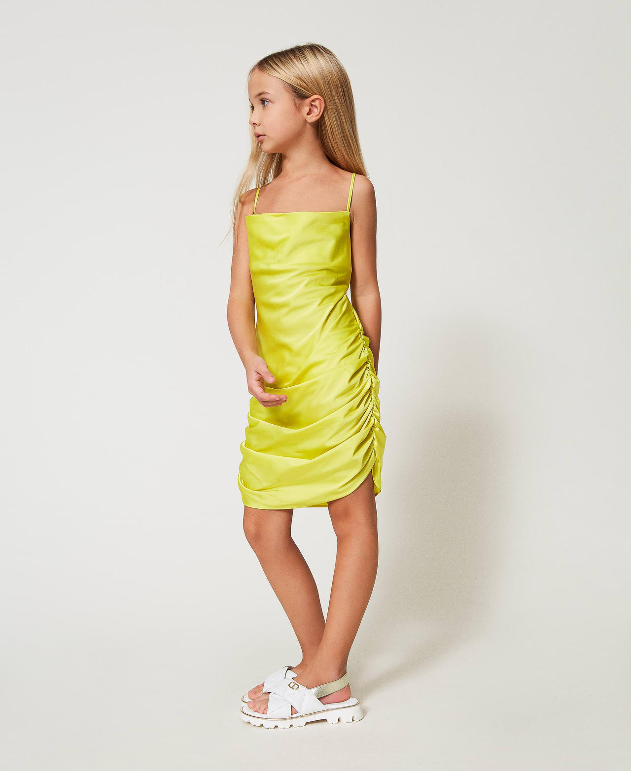 Short satin dress with draping Yellow Plum Girl 251GJ2450_12124_02