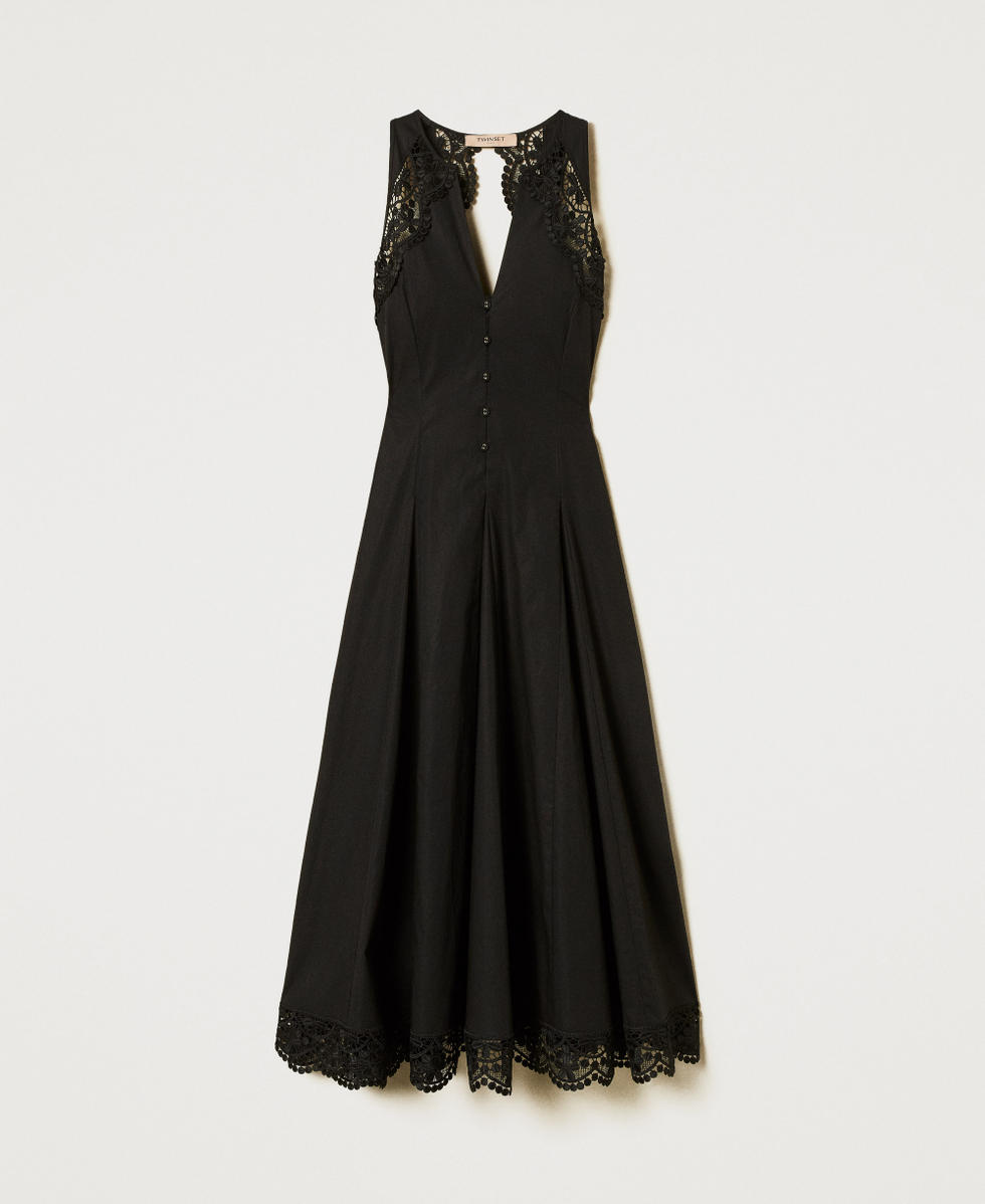 【新品未使用タグ付き】Lace Motif Twill Long Dress Long poplin dress with lace Woman, Black | TWINSET Milano