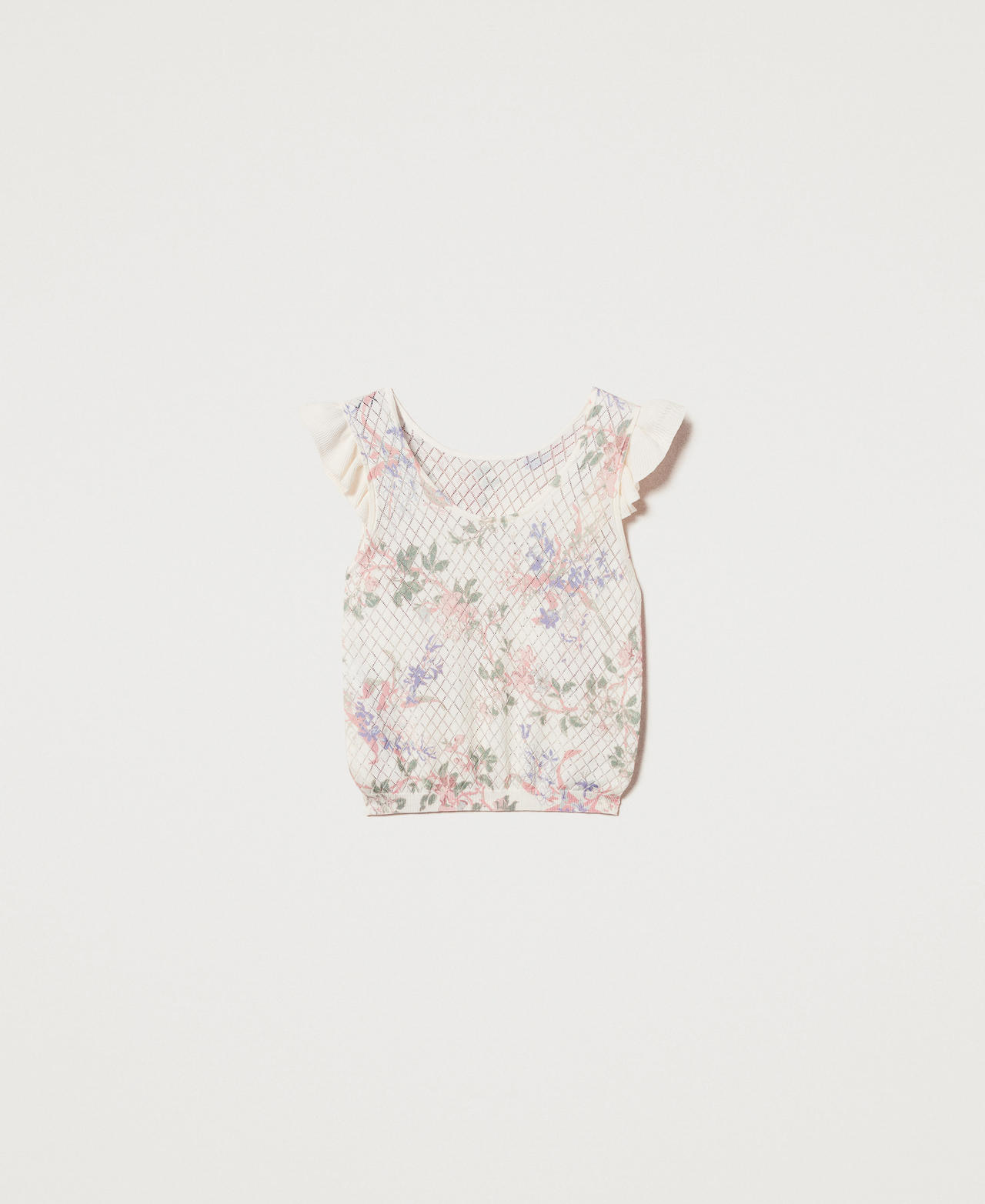 Top in maglia a fiori con volant