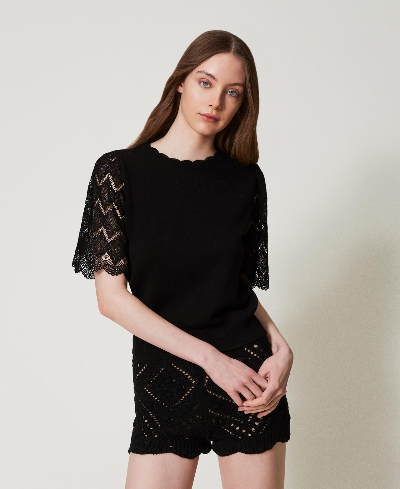 Linen blend jumper with jacquard sleeves Black Woman 251TP3341_00006_02