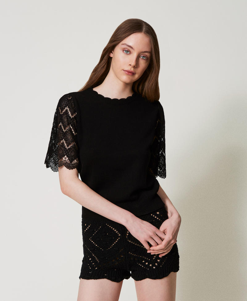 Linen blend jumper with jacquard sleeves Black Woman 251TP3341_00006_02