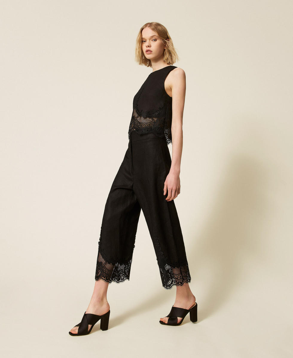 Pantaloni cropped in lino con pizzo Nero Donna 261TT2184_00006_02