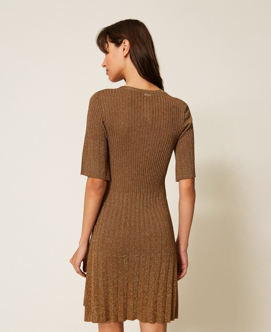 Short lurex knit dress Bubinga Wood Brown Gold Lurex Woman 261TP3040_13361_03