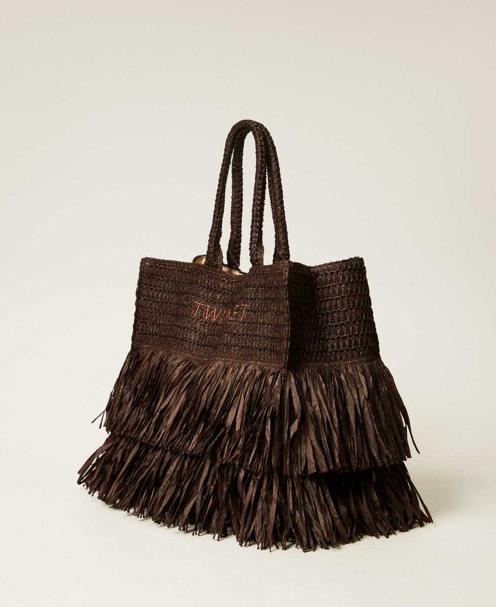 Raffia shopper bag with fringes Coffee Chocolate Woman 261LM8AAA_11946_02
