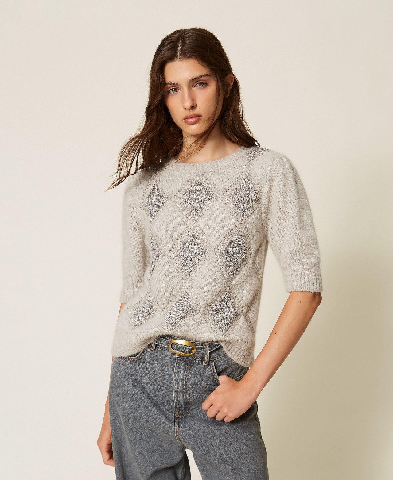 Pull jacquard avec losanges et sequins