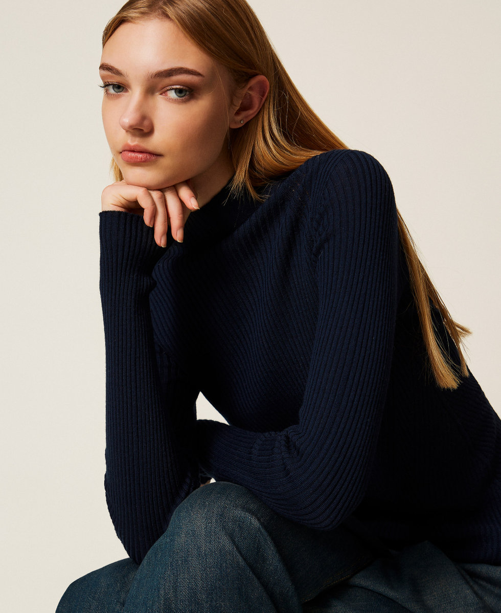Pull col montant c&ocirc;tel&eacute; en laine Bleu Classique Femme 252TT3111_11956_04
