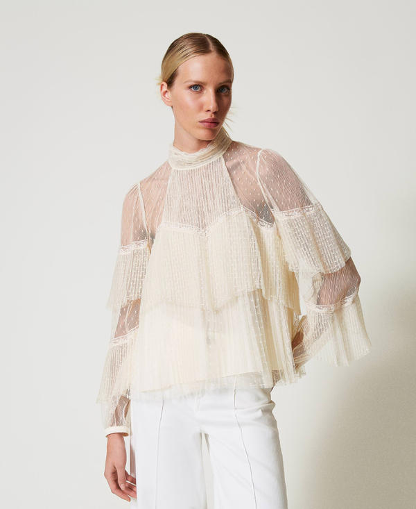 Tüllbluse mit plissierten Volants