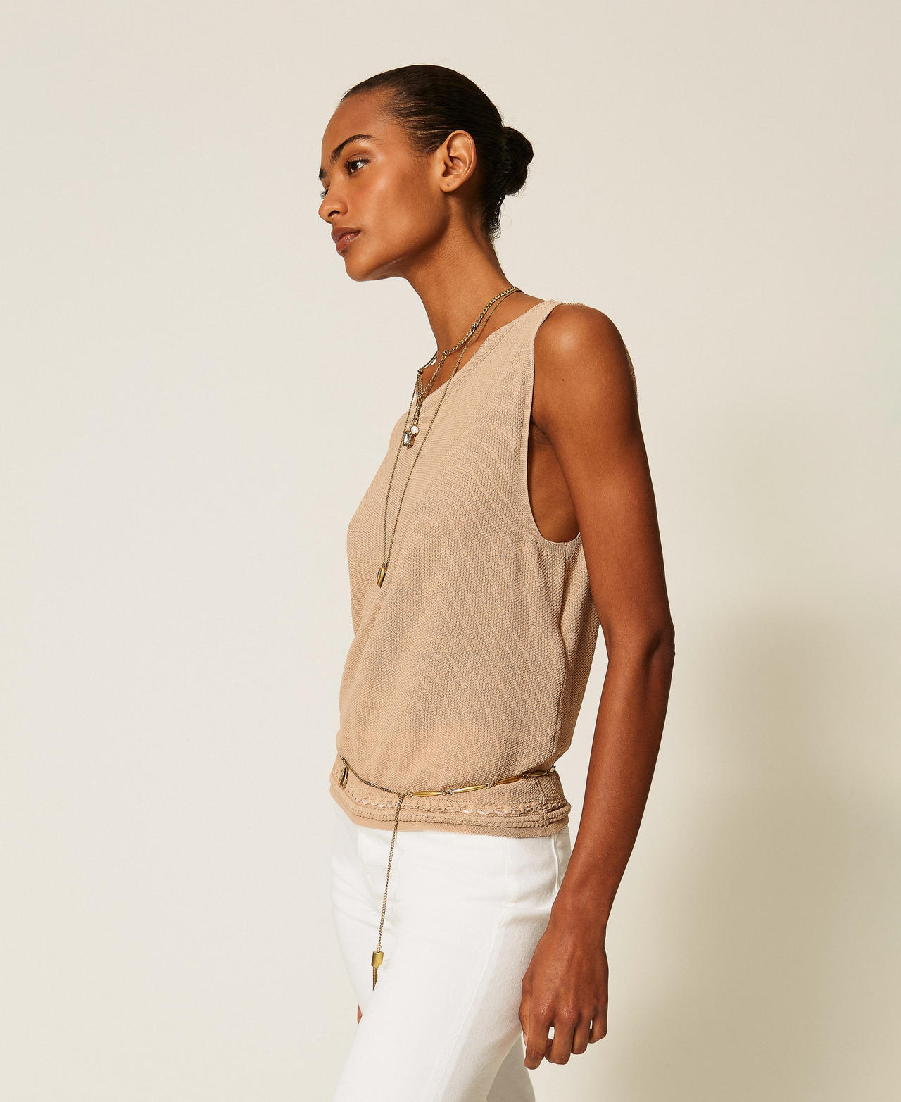 Knit top with fringes Nougat Beige Woman 262TP3Q20_00519_02