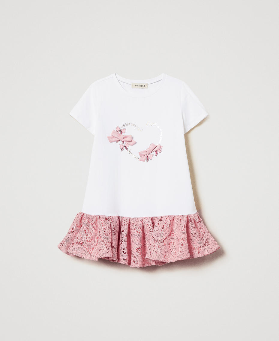 Kurzes Kleid mit Volant aus Makrameespitze Zweifarbig Ice / Sweet Rose M&auml;dchen 251GJ2QR6_12257_S0