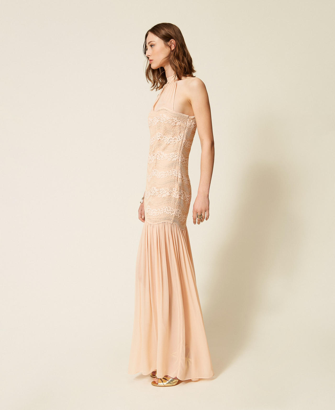 Long macram&eacute; lace and georgette dress Peach Pink Woman 261TP2780_11750_02