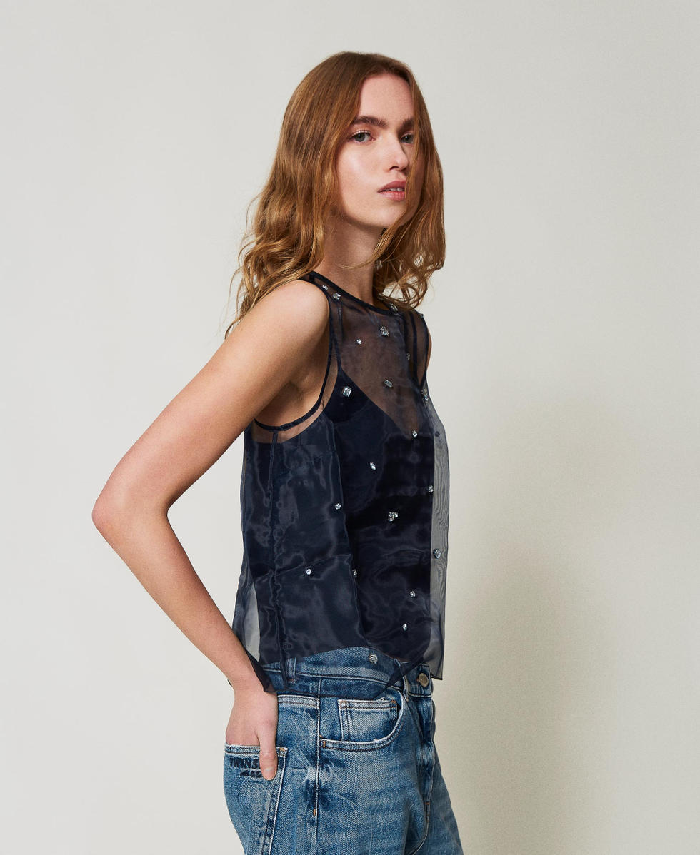 Organza top with hand embroidery Deep Blue Woman 251AP2512_03585_01