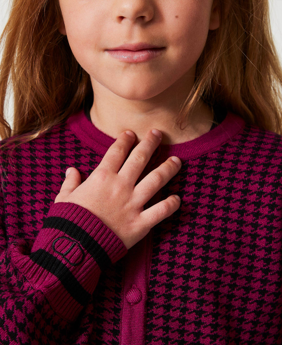 Jacquard knit jacket with houndstooth pattern Two-tone Magenta Purple / Black Girl 242GJ3100_11855_04