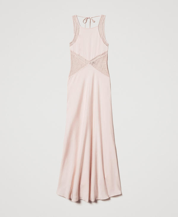 Long satin halterneck dress with lace