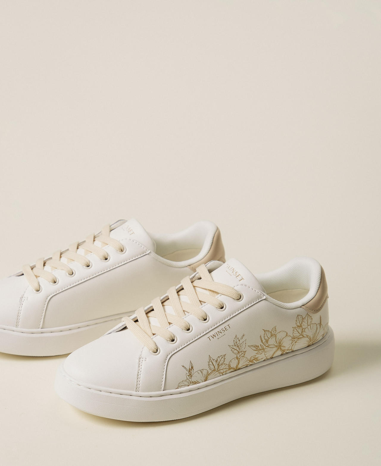 Leather trainers with floral embroidery Platinum Floral Print Woman 261TGT124_13543_02