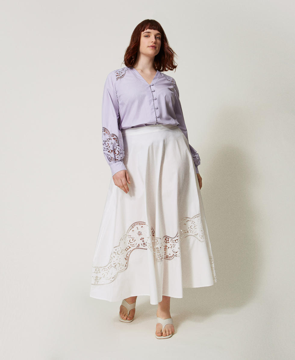Jupe longue en popeline avec broderies anglaises Blanc Neige Femme 251TT2332_00282_01