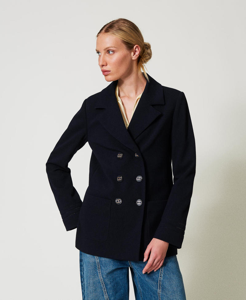 Double-breasted caban jacket with embroidery Blue Night Woman 251TP2040_00238_05