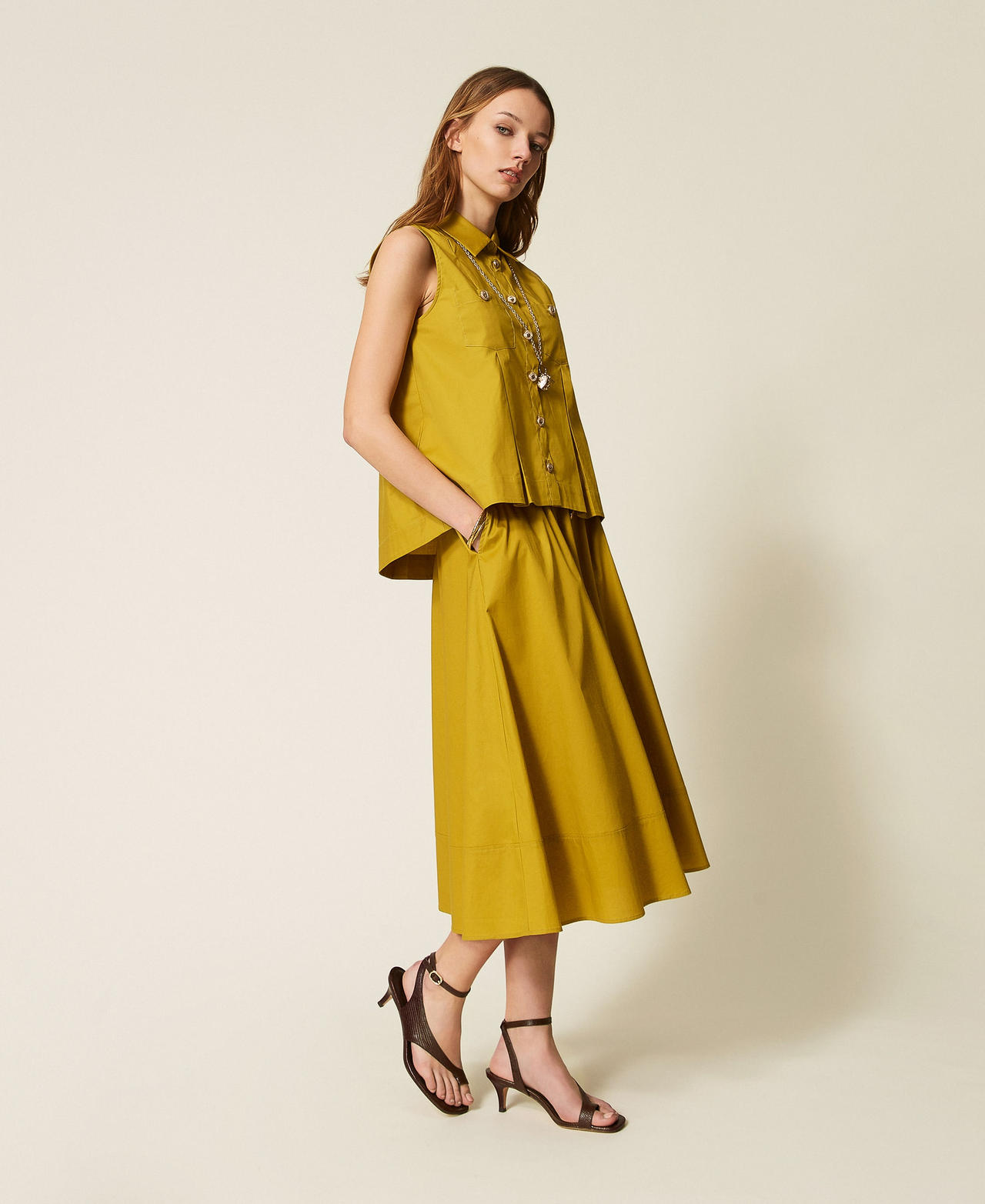 Gonna lunga in popeline con bottoni Verde "Avocado Oil" Donna 261TT2235_12117_02