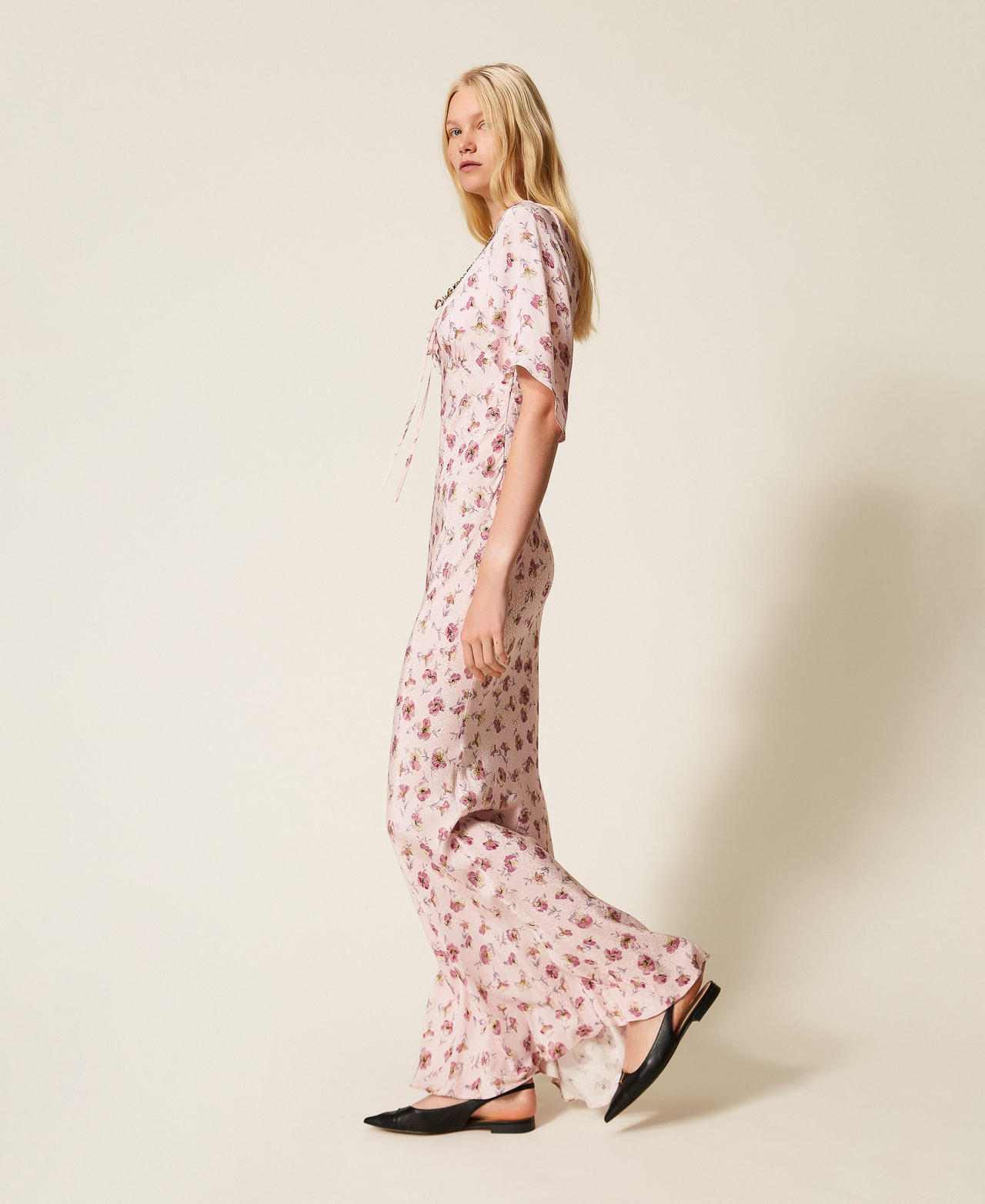 Long floral print dress Peach/Rose Flower Print Woman 261TP210A_13408_02