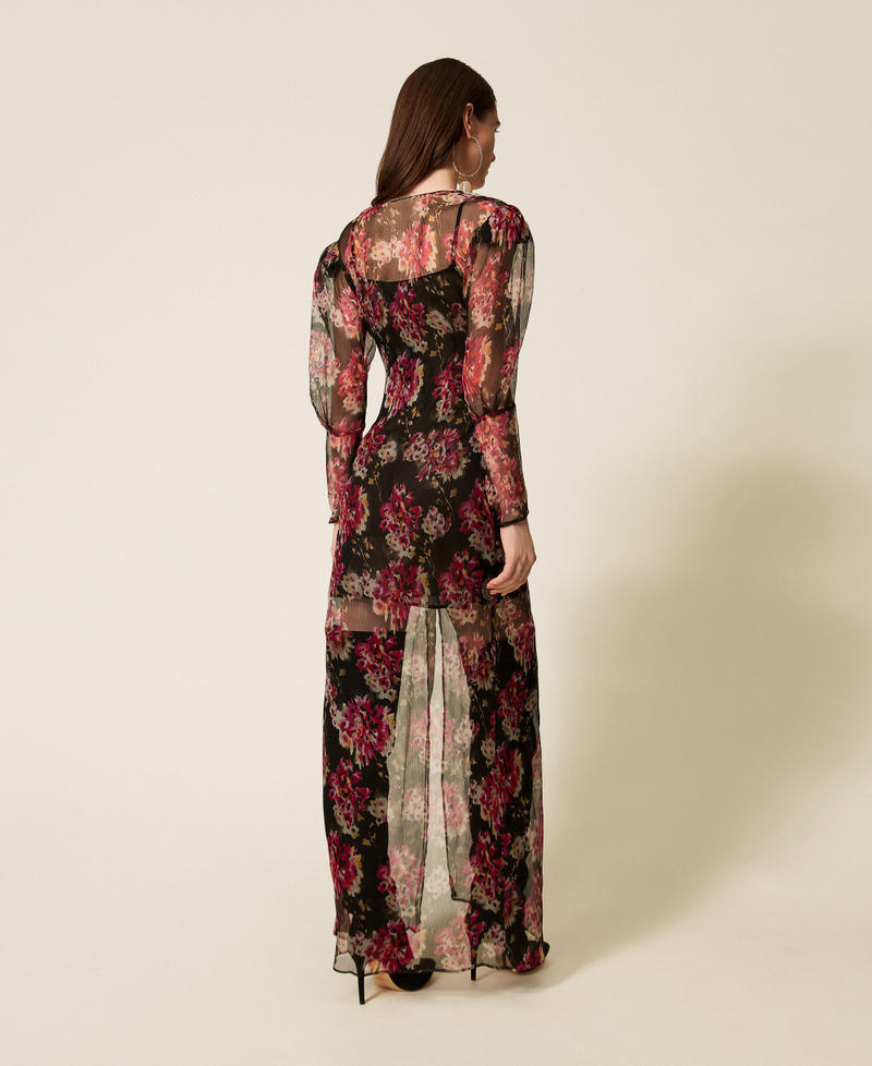 Long silk creponne floral dress Black/Magenta Floral Print Woman 252TS2353_13099_03