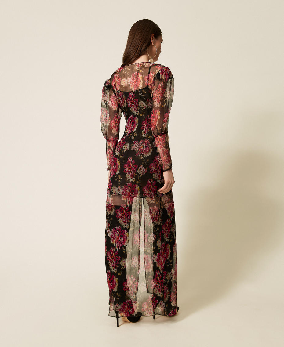 Long silk creponne floral dress Black/Magenta Floral Print Woman 252TS2353_13099_03