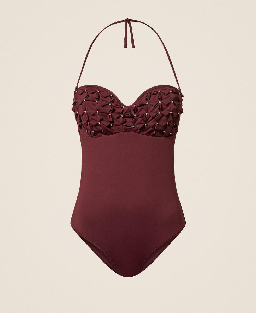 Badeanzug mit Origami-Stickerei und Strass "Winetasting"-Violett Frau 261LBMB00_05609_S0
