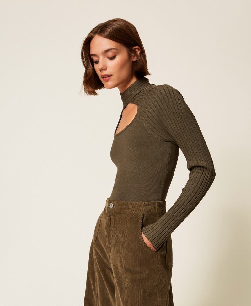 Pull ajusté avec ajour Vert « Green Olive » Femme 252LI3FDD_12655_02