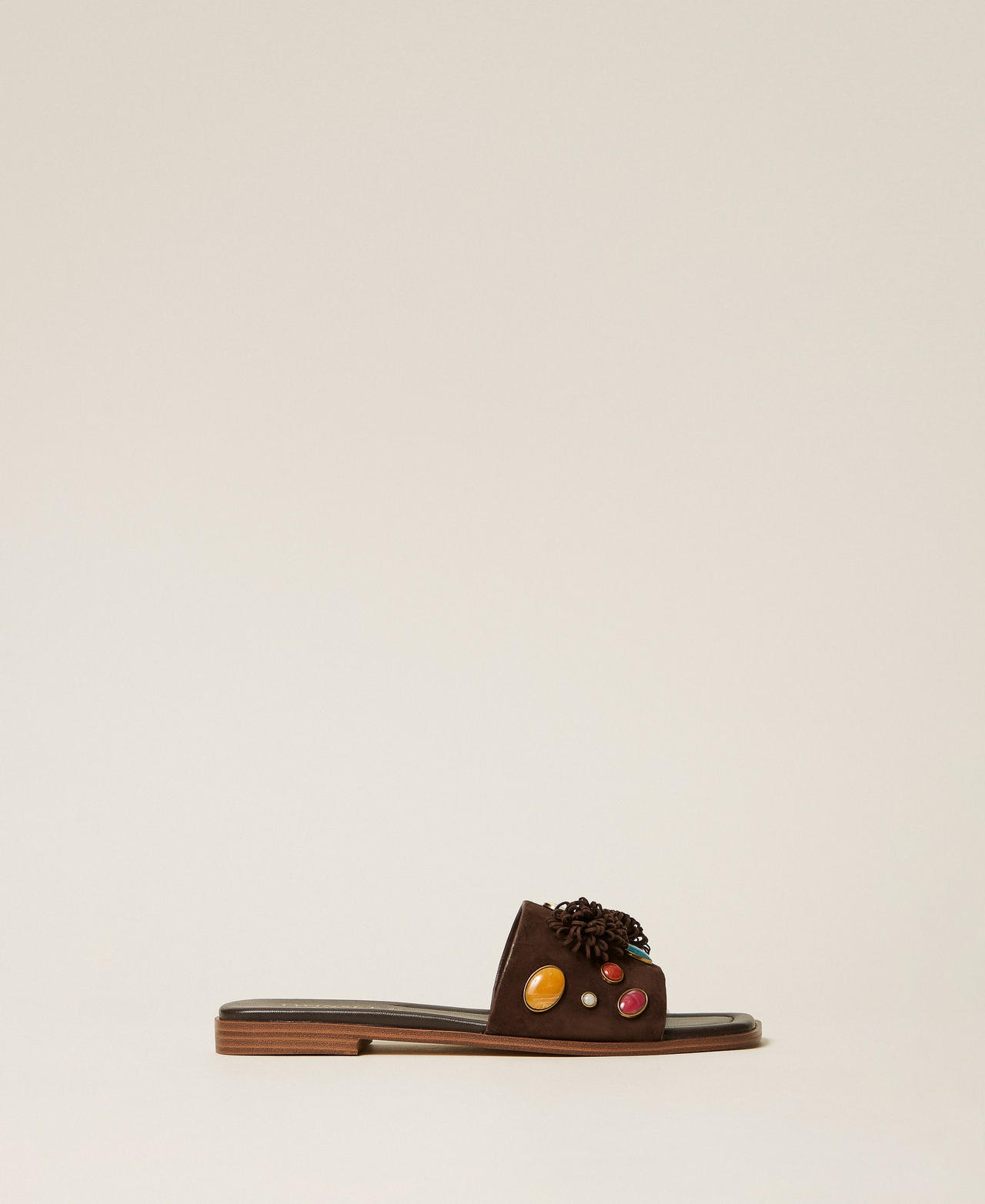 Sandales slides en cuir velours avec pierres