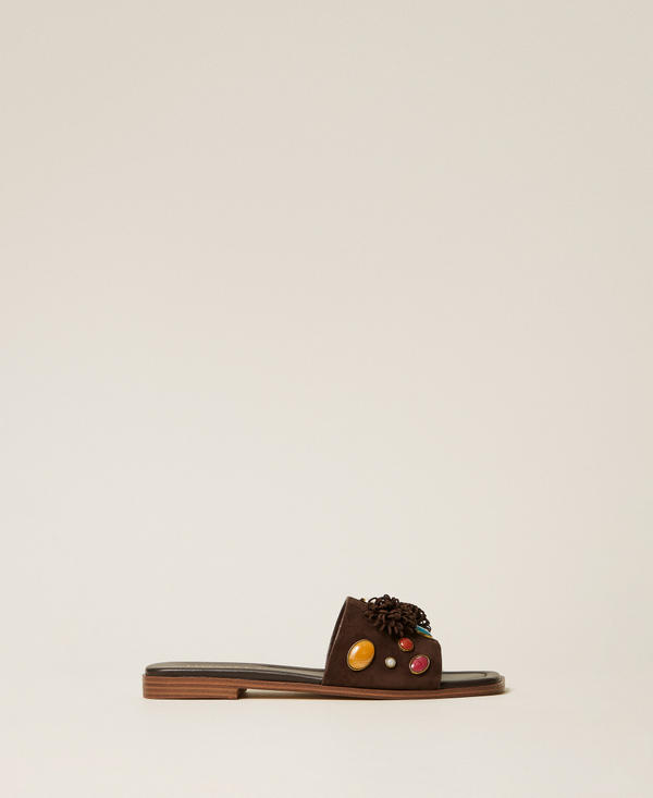 Suede slides with decorative stones